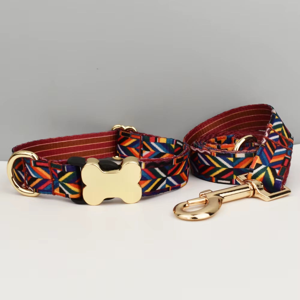 Custom Engraved Ethnic Style Dog Collar with Nameplate for Small Medium Large Dogs Pet Supplies with Matching Leash