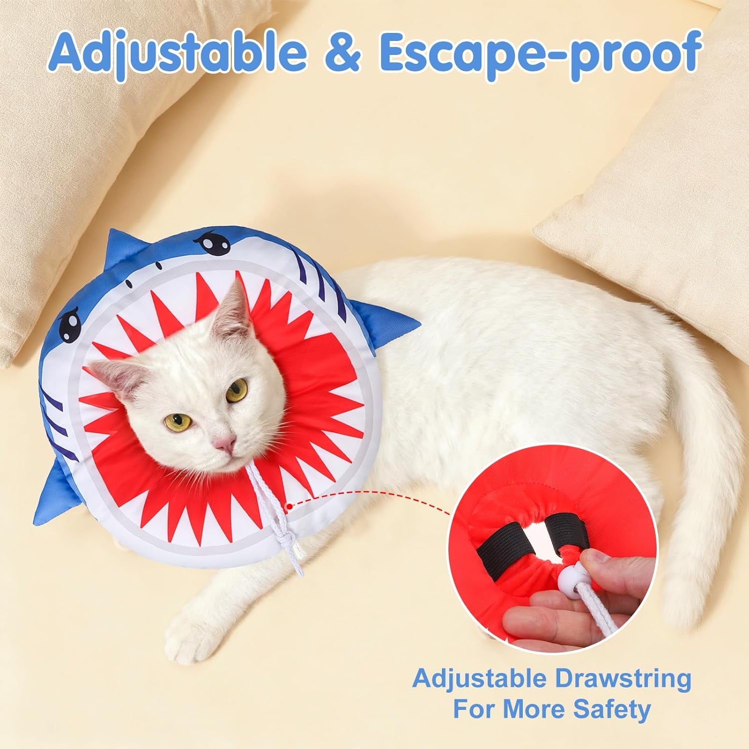 Cat Cone Collars Soft, Cat Recovery E Collars after Surgery to Stop Licking, Adjustable Elizabeth Circle Collar Cute Pet Donut Pillow for Cats Kitten Small Dogs, Cute Shark S
