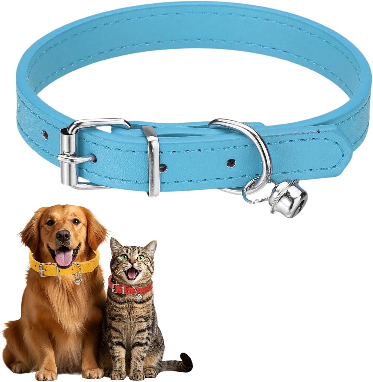 Dog Collar with Bell, Pu Leather Cat Collars Pet Basic Soft Padded Adjustable Buckle, 14.5" (Blue, 1 Pcs), Intended for Teacup/Little Dog/Kitten Cats/Small Animals