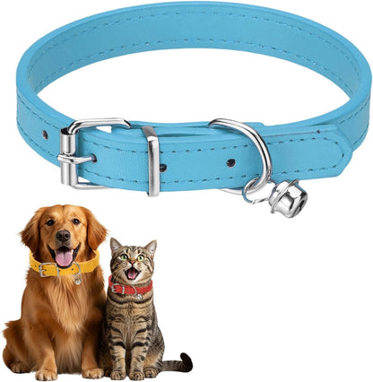 Dog Collar with Bell, Pu Leather Cat Collars Pet Basic Soft Padded Adjustable Buckle, 14.5" (Blue, 1 Pcs), Intended for Teacup/Little Dog/Kitten Cats/Small Animals