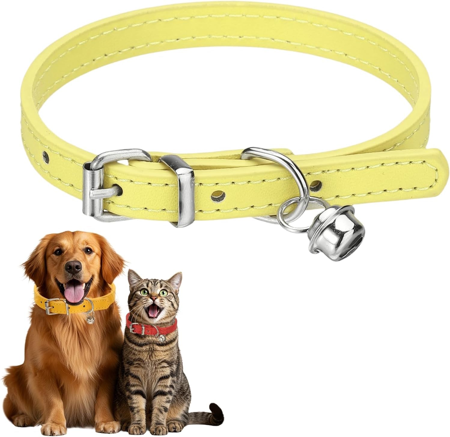 Dog Collar with Bell, Pu Leather Cat Collars Pet Basic Soft Padded Adjustable Buckle, 14.5" (Blue, 1 Pcs), Intended for Teacup/Little Dog/Kitten Cats/Small Animals