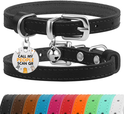 Leather Cat Collar with Removable Bells Non Breakaway Kitten QR Tag for Girl Boy (7" - 9" for Cats, Purple & Gold)