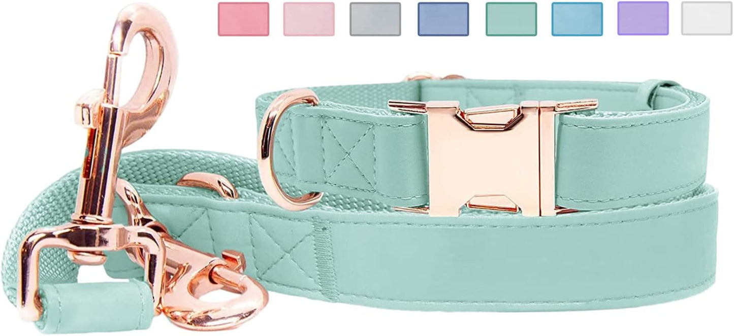 Soft Leather Dog Collar and Leash (6.6') Set - Stylish Rose Gold Heavy Duty Metal Buckle, 4 Adjustable Lengths Leash for Small Medium Large Dogs - Comfortable & Easy to Clean Pink M(13.8"-19.7")