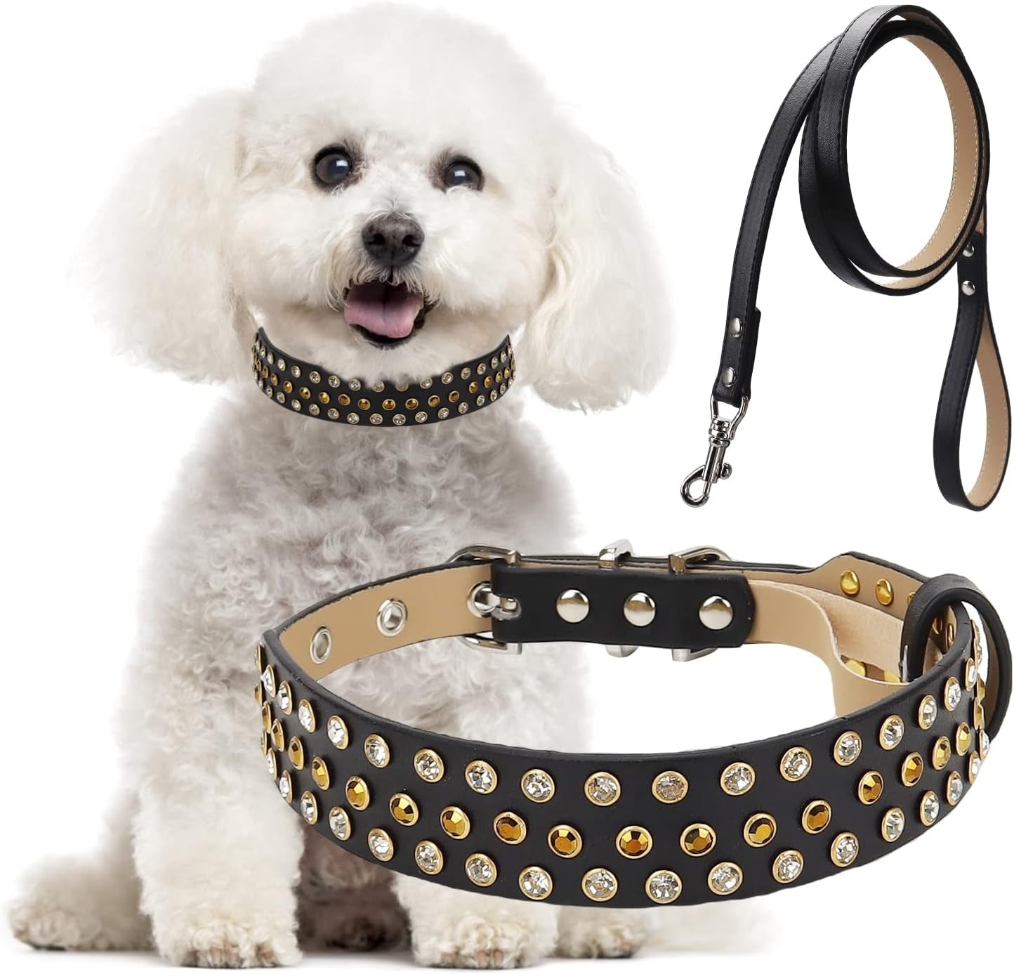 Rhinestone Dog Collar, Bling Diamond Pet Collars with Leash Adjustable, Dazzling Sparkly Crystal Studded Microfiber Leather Spiked Puppy Collar Cute for Small and Medium Large Girl Dogs Cats