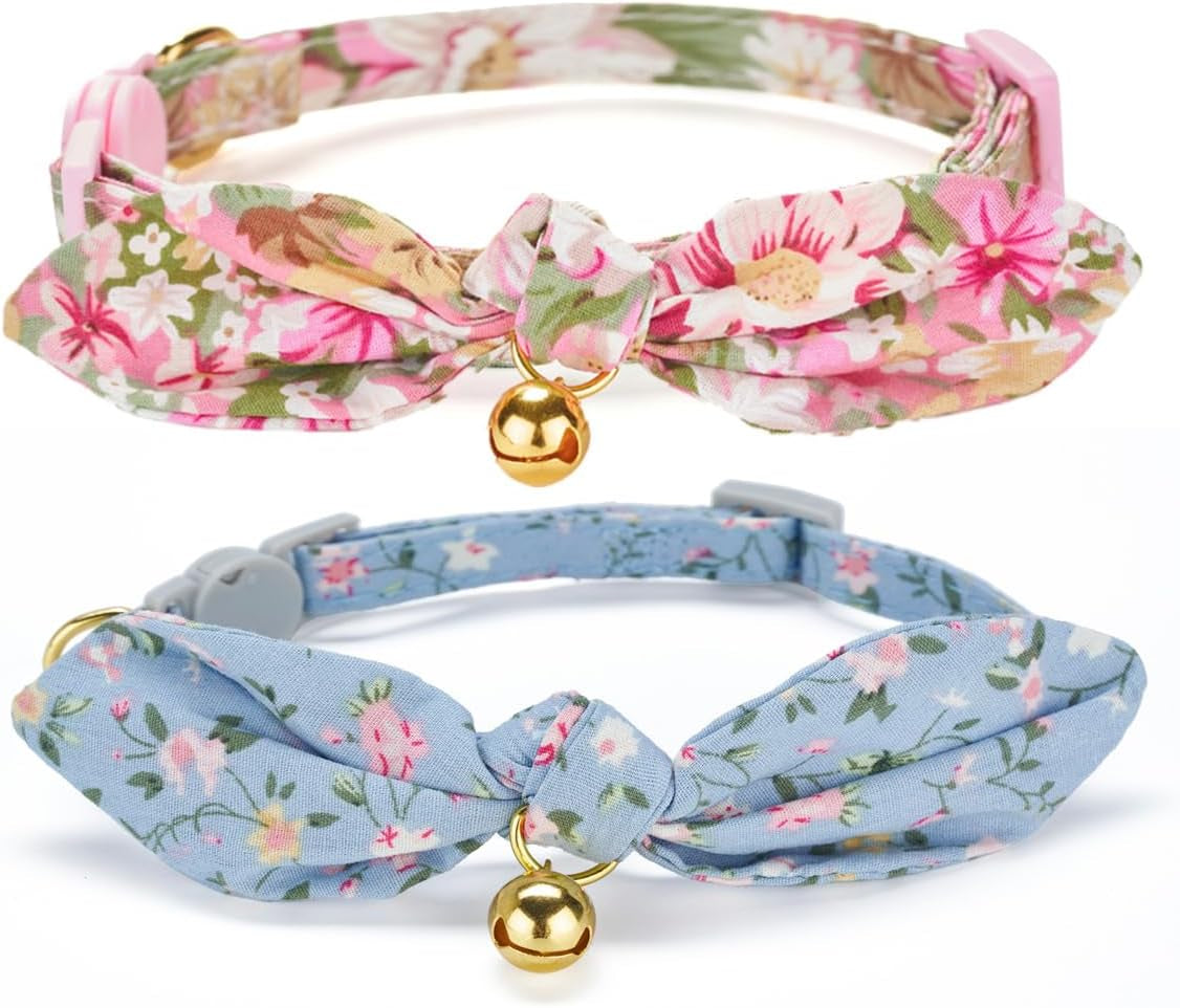 Cotton Bowtie Cat Collar with Bell 2 Pack Adjustable Breakaway Kitten Collars with Removeable Bow Pink Girl Cat Collars
