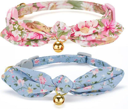 Cotton Bowtie Cat Collar with Bell 2 Pack Adjustable Breakaway Kitten Collars with Removeable Bow Pink Girl Cat Collars