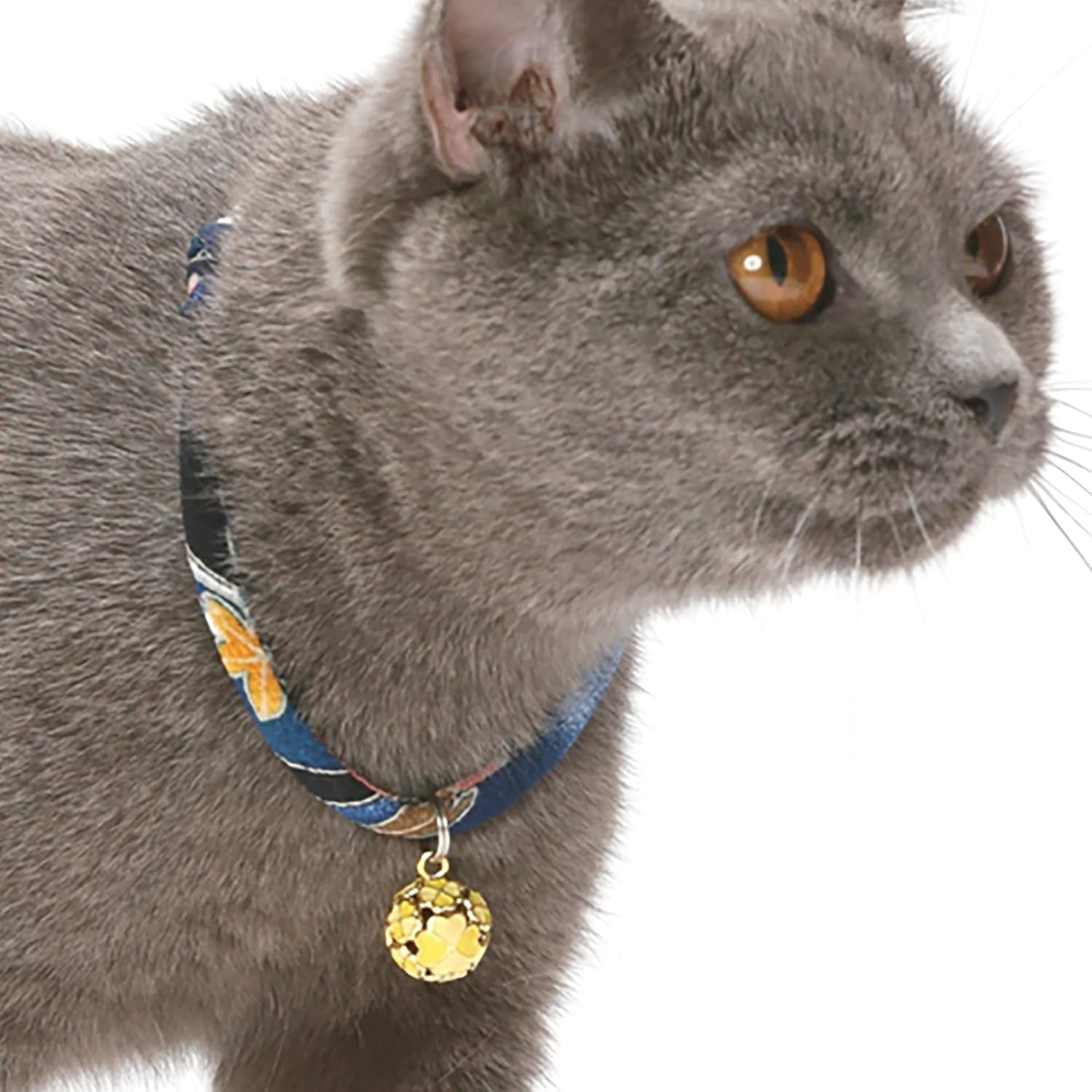 Chirimen Cat Collar with Clover Bell (Navy) with Bell Safety Breakaway Soft Lightweight for Cats Kitty Kitten Japanese Stylish Pattern, No.1 Seller in Japan