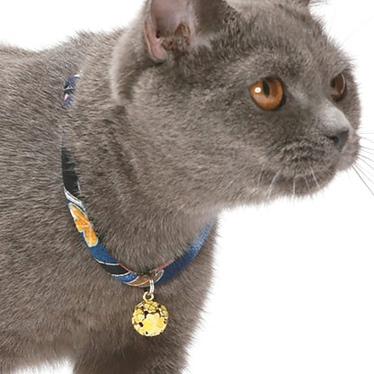 Chirimen Cat Collar with Clover Bell (Navy) with Bell Safety Breakaway Soft Lightweight for Cats Kitty Kitten Japanese Stylish Pattern, No.1 Seller in Japan