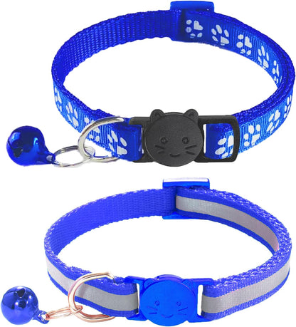 2 Pack Breakaway Cat Collars with Bells, Reflective Design and Claw Print Design, Safety Buckle Kitten Collars Adjustable from 7.5 to 12.5 Inches (Sky Blue)
