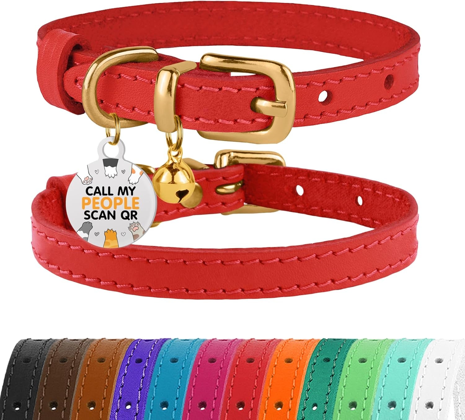 Leather Cat Collar with Removable Bells Non Breakaway Kitten QR Tag for Girl Boy (7" - 9" for Cats, Purple & Gold)