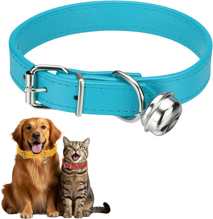 Dog Collar with Bell, Pu Leather Cat Collars Pet Basic Soft Padded Adjustable Buckle, 14.5" (Blue, 1 Pcs), Intended for Teacup/Little Dog/Kitten Cats/Small Animals