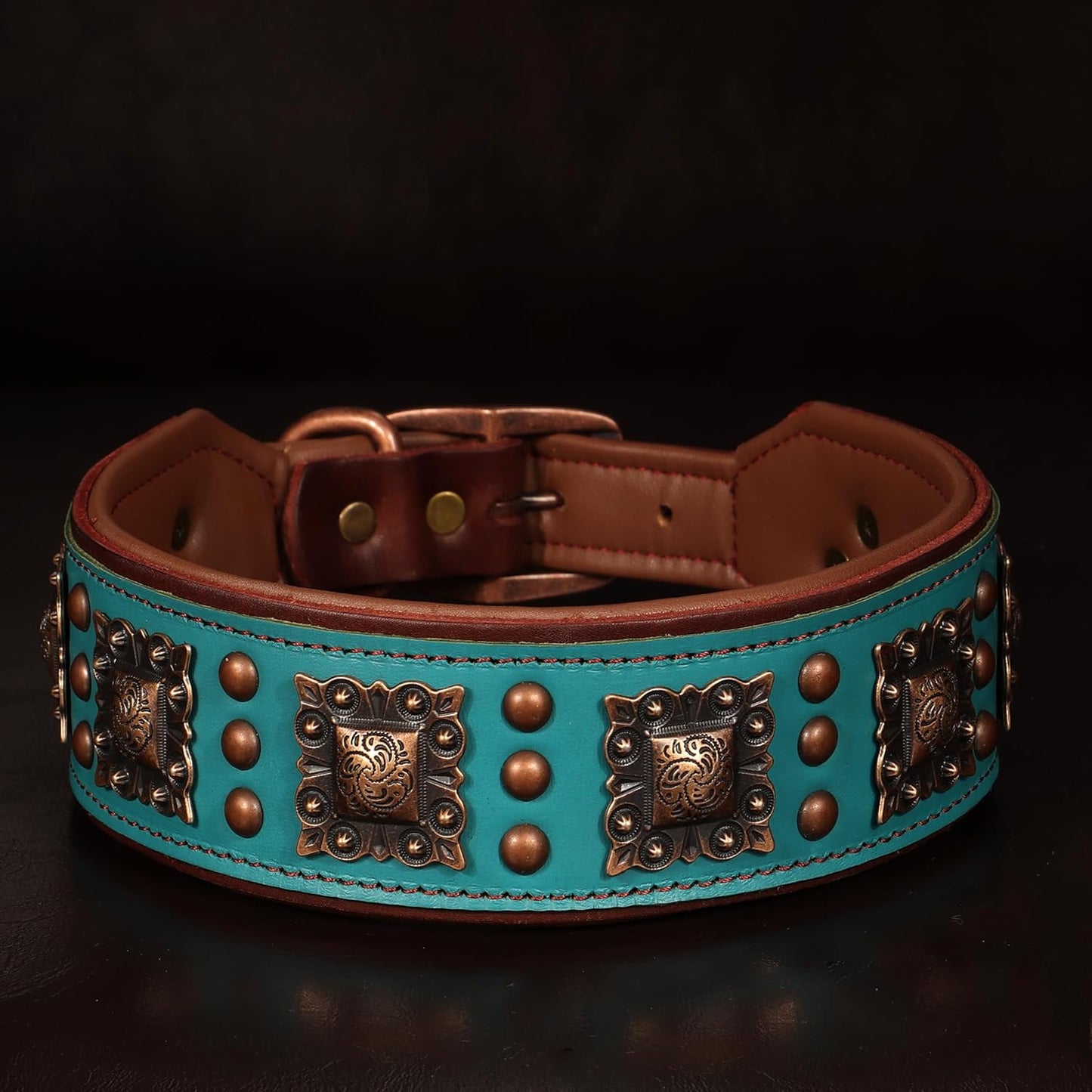 Soft Padded Leather Dog Collar, 2 Inch Wide Genuine Leather Dog Collars with Stylish Studded Rivet & Metal Buckle, Luxury & Adjustable Pet Collars for Medium Dogs,Green,Neck 16-19"