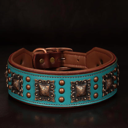 Soft Padded Leather Dog Collar, 2 Inch Wide Genuine Leather Dog Collars with Stylish Studded Rivet & Metal Buckle, Luxury & Adjustable Pet Collars for Medium Dogs,Green,Neck 16-19"