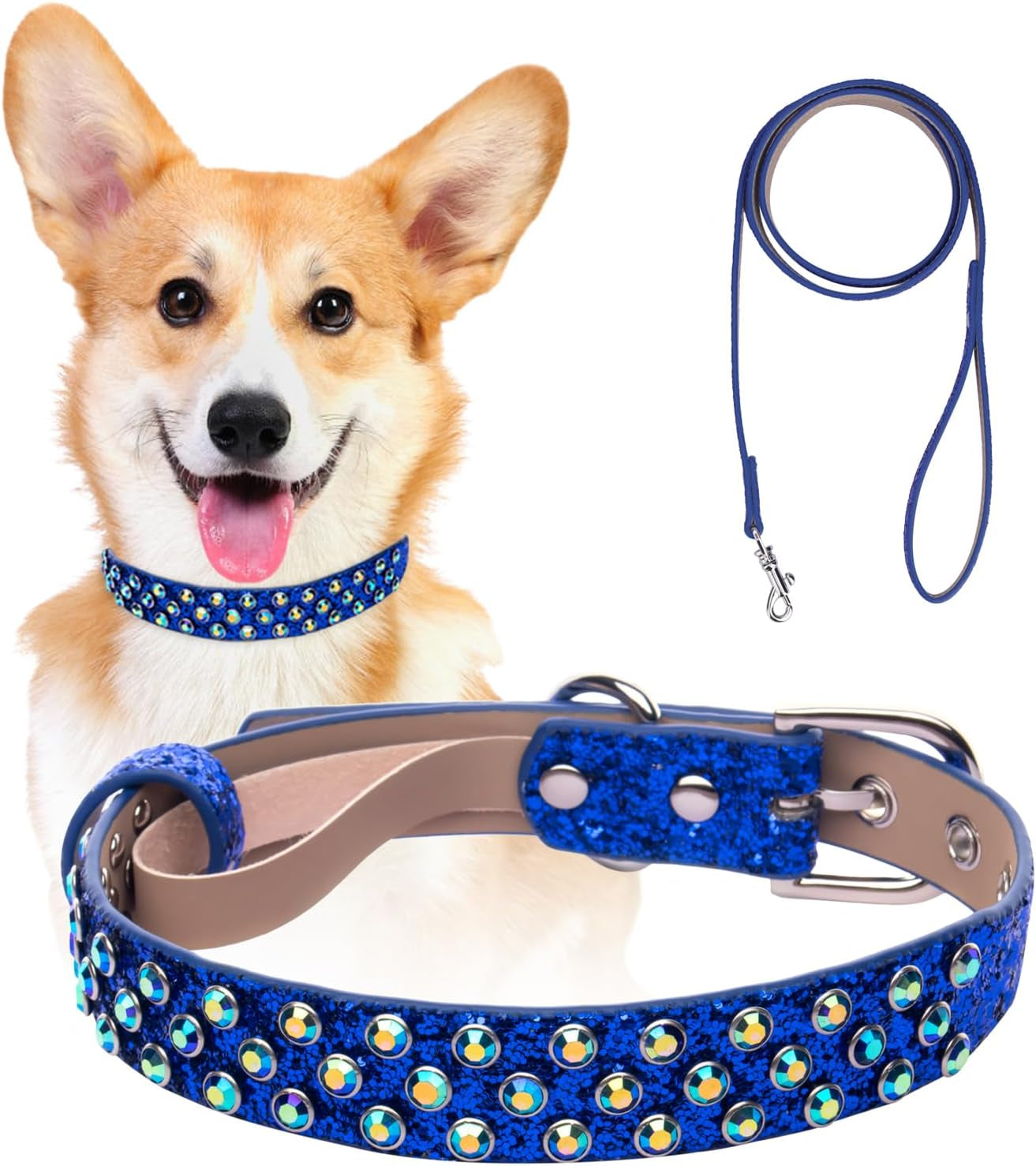 Rhinestone Dog Collar, Bling Diamond Pet Collars with Leash Adjustable, Dazzling Sparkly Crystal Studded Microfiber Leather Spiked Puppy Collar Cute for Small and Medium Large Girl Dogs Cats