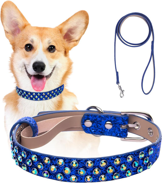 Rhinestone Dog Collar, Bling Diamond Pet Collars with Leash Adjustable, Dazzling Sparkly Crystal Studded Microfiber Leather Spiked Puppy Collar Cute for Small and Medium Large Girl Dogs Cats