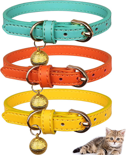3 Pack Leather Cat Collars with Bells Soft Pet Safety Collar Kitten Collars with Bell Black Chocolate Beige(S)