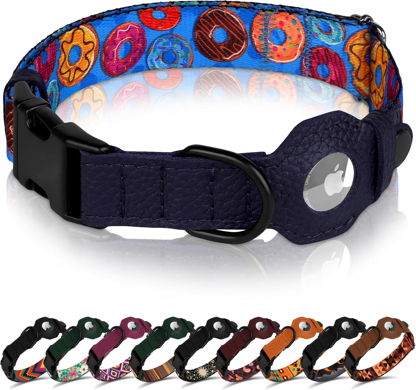 Airtag Dog Collar with Metal Buckle - Printed Nylon Soft Leather Dog Collar with Apple Airtag Holder - Secure Tracking GPS Pet Collars for Girl Boy Small Large Dogs (L, 17"-21" Neck Fit, Striped)