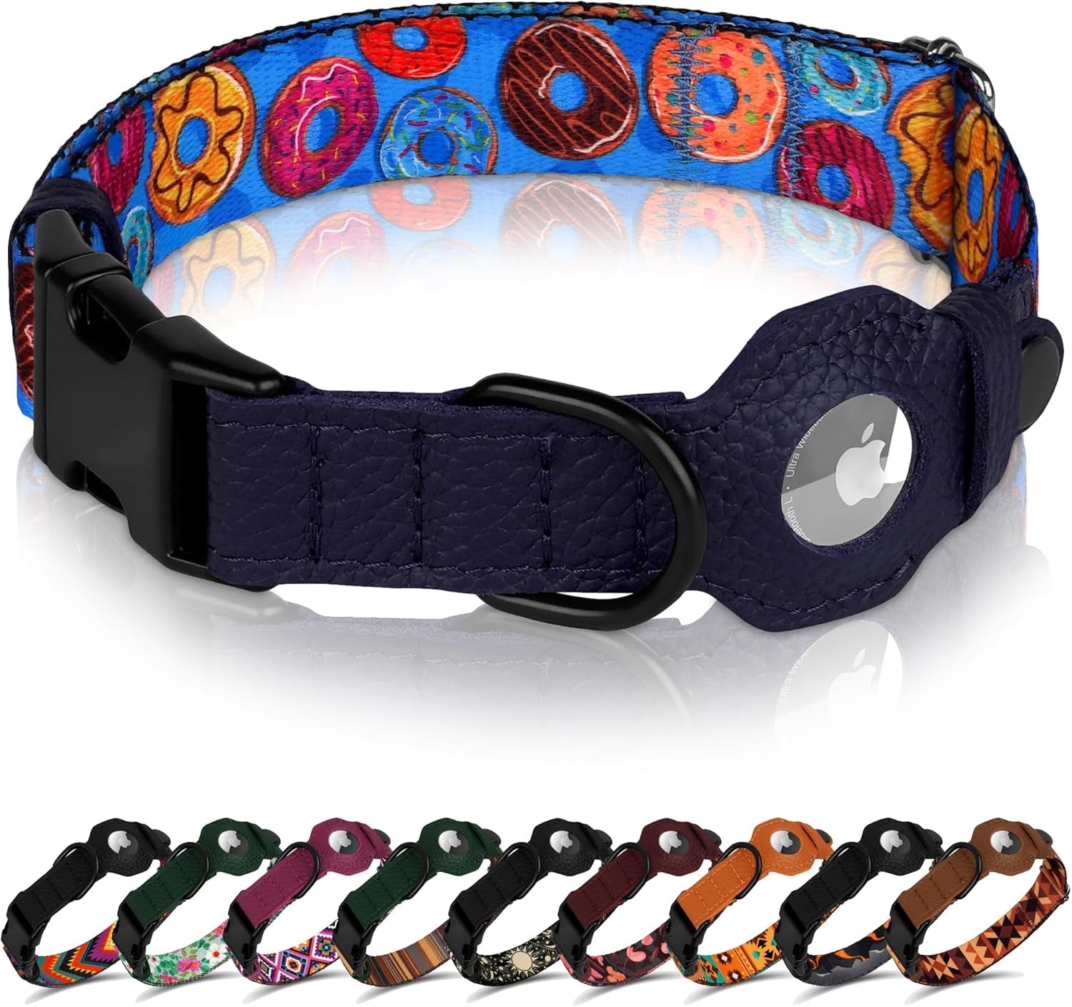 Airtag Dog Collar with Metal Buckle - Printed Nylon Soft Leather Dog Collar with Apple Airtag Holder - Secure Tracking GPS Pet Collars for Girl Boy Small Large Dogs (L, 17"-21" Neck Fit, Striped)