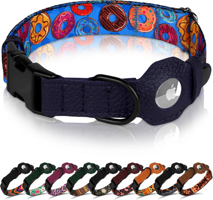 Airtag Dog Collar with Metal Buckle - Printed Nylon Soft Leather Dog Collar with Apple Airtag Holder - Secure Tracking GPS Pet Collars for Girl Boy Small Large Dogs (L, 17"-21" Neck Fit, Striped)