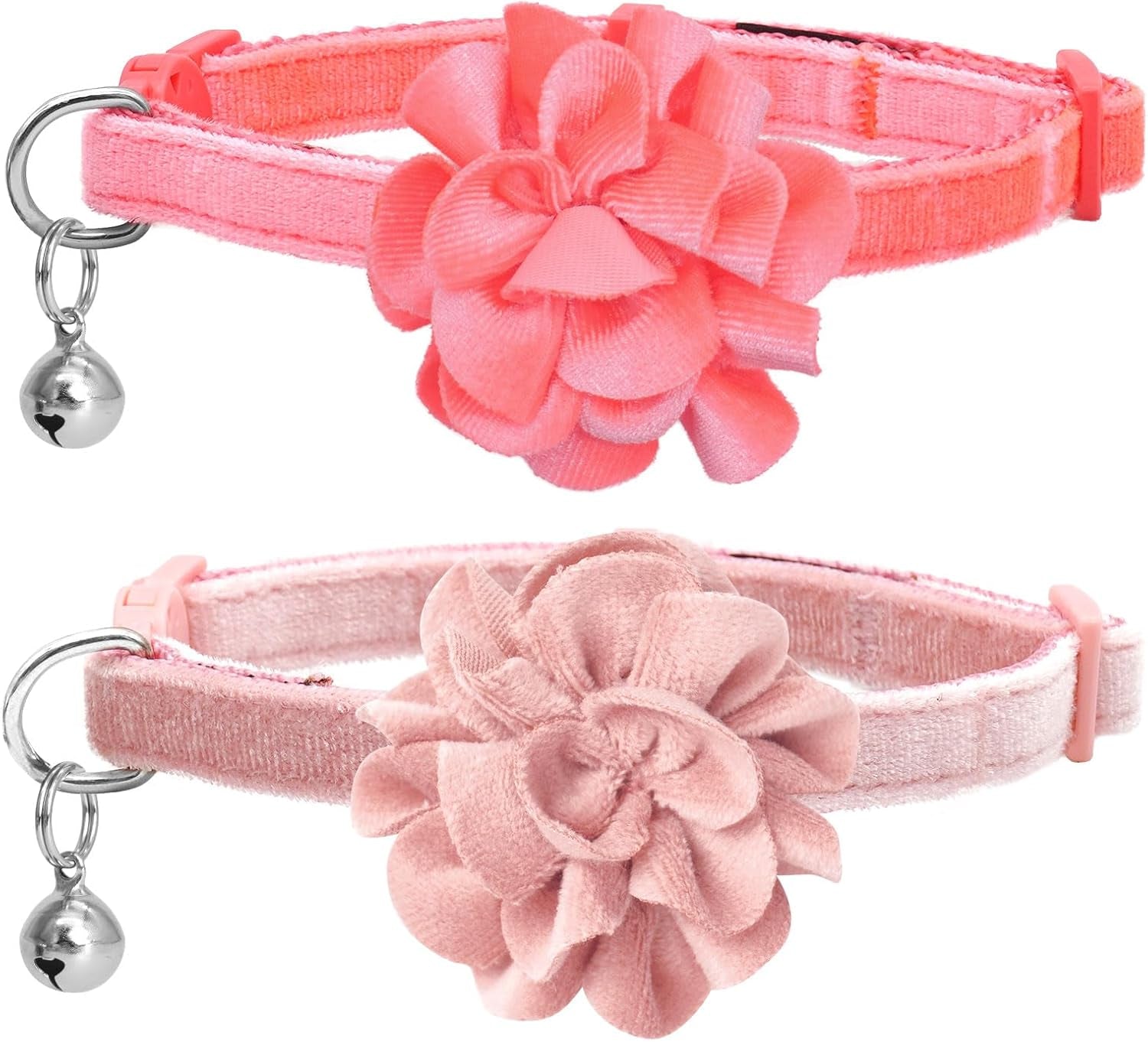 2 Pack Cat Collar Floral with Bell and Removable Flower Bowtie Breakaway Adjustable Velvet Fabric Cat Collar for Pets and Daily Decoration，Hot Pink & Purple