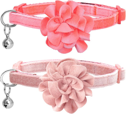 2 Pack Cat Collar Floral with Bell and Removable Flower Bowtie Breakaway Adjustable Velvet Fabric Cat Collar for Pets and Daily Decoration，Hot Pink & Purple