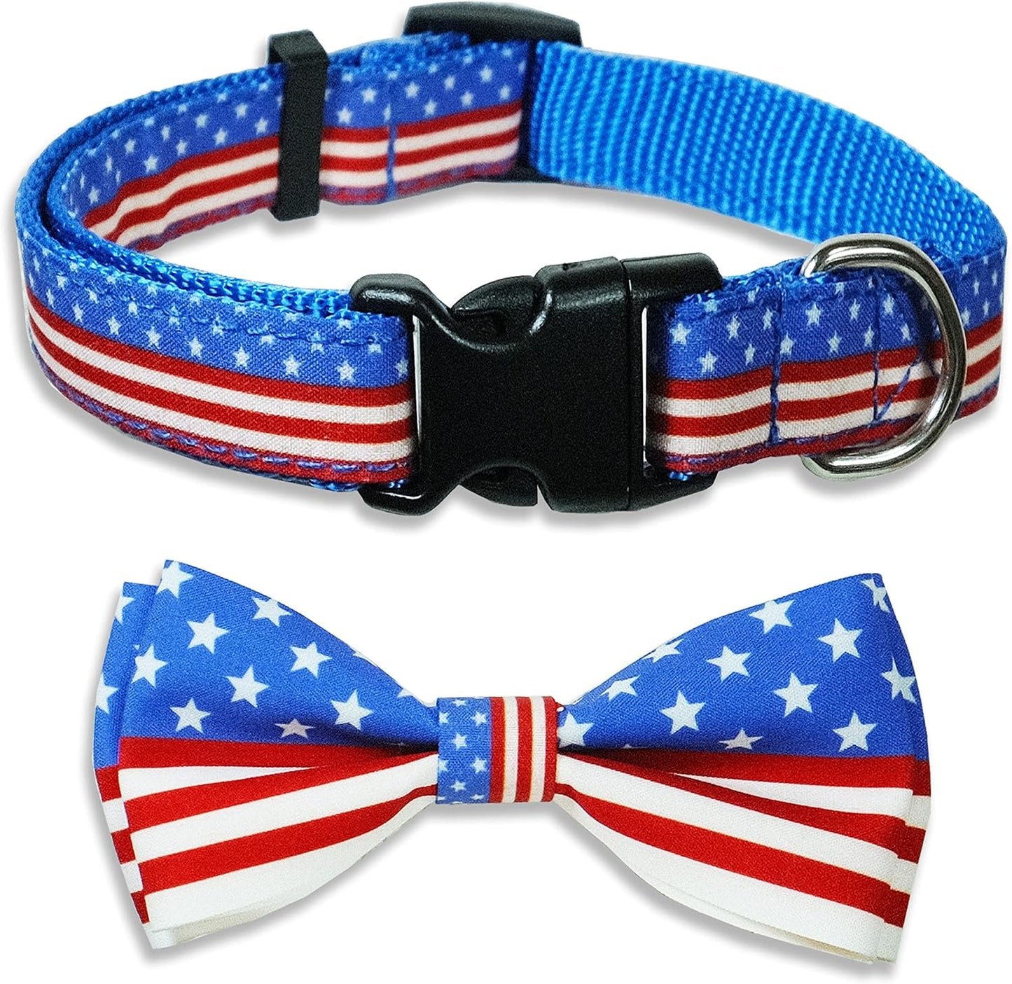 Patriotic 4th of July Dog Collar with Removable Bow Tie - Adjustable Red, White & Blue USA Stars for All Dog Sizes