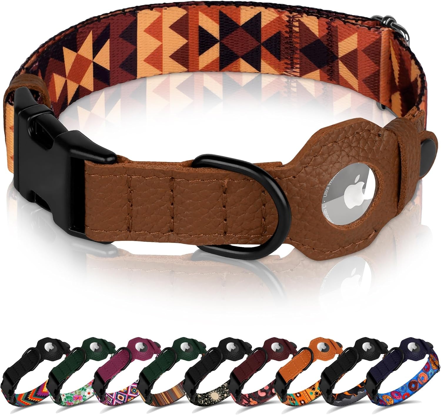 Airtag Dog Collar with Metal Buckle - Printed Nylon Soft Leather Dog Collar with Apple Airtag Holder - Secure Tracking GPS Pet Collars for Girl Boy Small Large Dogs (L, 17"-21" Neck Fit, Striped)