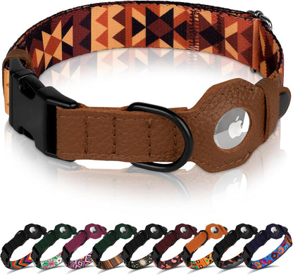 Airtag Dog Collar with Metal Buckle - Printed Nylon Soft Leather Dog Collar with Apple Airtag Holder - Secure Tracking GPS Pet Collars for Girl Boy Small Large Dogs (L, 17"-21" Neck Fit, Striped)