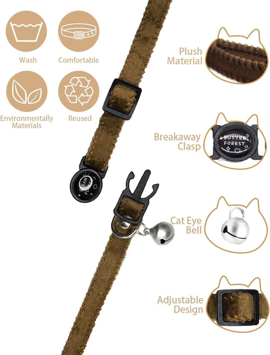 Furry Breakaway Cat Collar with Bell, Adjustable 7.87"-11.78" Kitten Collar, Suitable for All Types of Cats and Small Dogs (M, Brown)