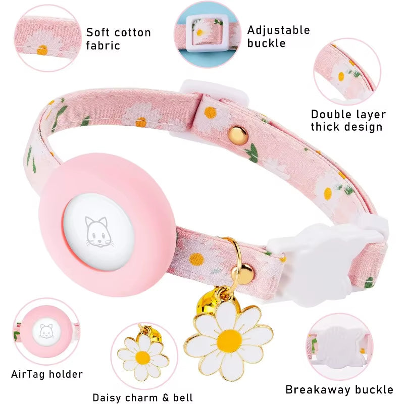 Airtag Case Cat Collar Kitten with Bells and Flower Charm Tracker Adjustable Collars for Kitties and Puppies anti Lost Locator