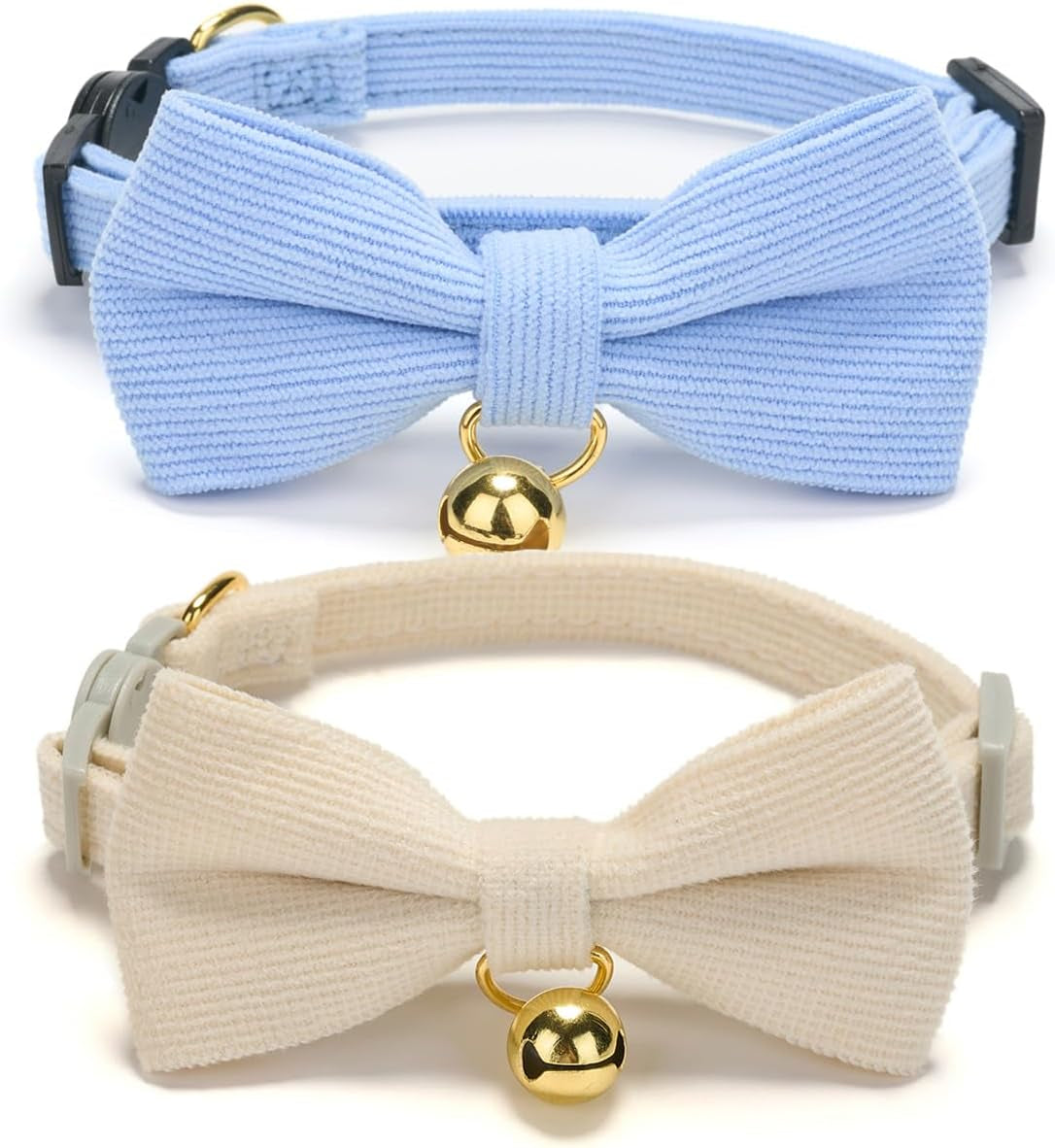 2 Pack Soft Corduroy Cat Collars with Bow Tie & Bell, Adjustable Breakaway Cotton Kitty Bowtie Collar for Girl Boy Kitten (Orange & Green)