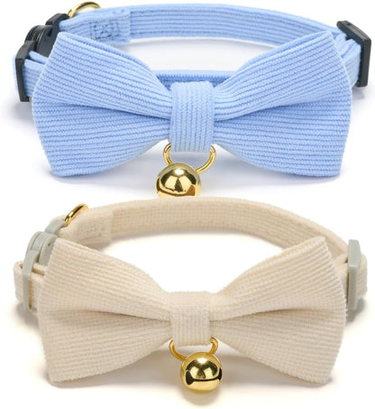 2 Pack Soft Corduroy Cat Collars with Bow Tie & Bell, Adjustable Breakaway Cotton Kitty Bowtie Collar for Girl Boy Kitten (Orange & Green)
