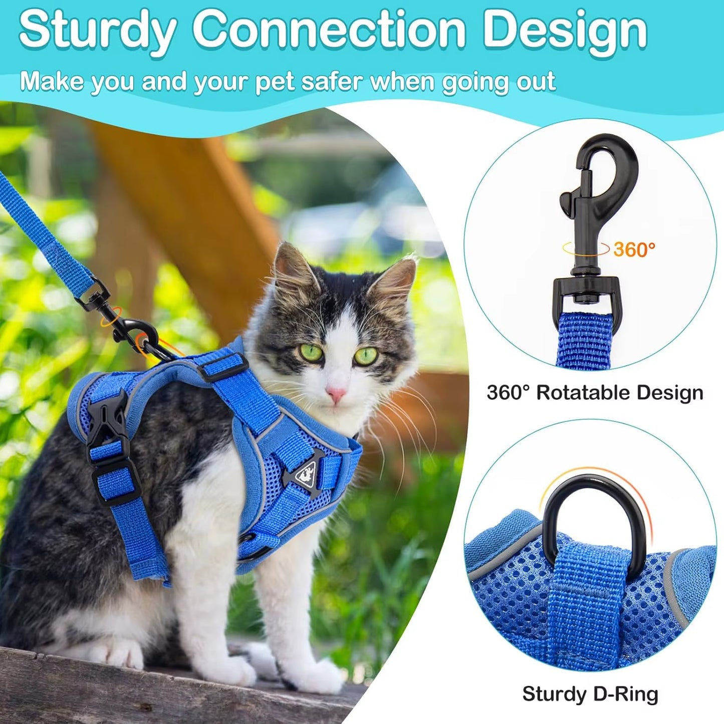Cat Harness and Leash Set Escape Proof, Breathable Reflective Adjustable Kitten Chest Strap Pet Supplies for Outdoor Walking