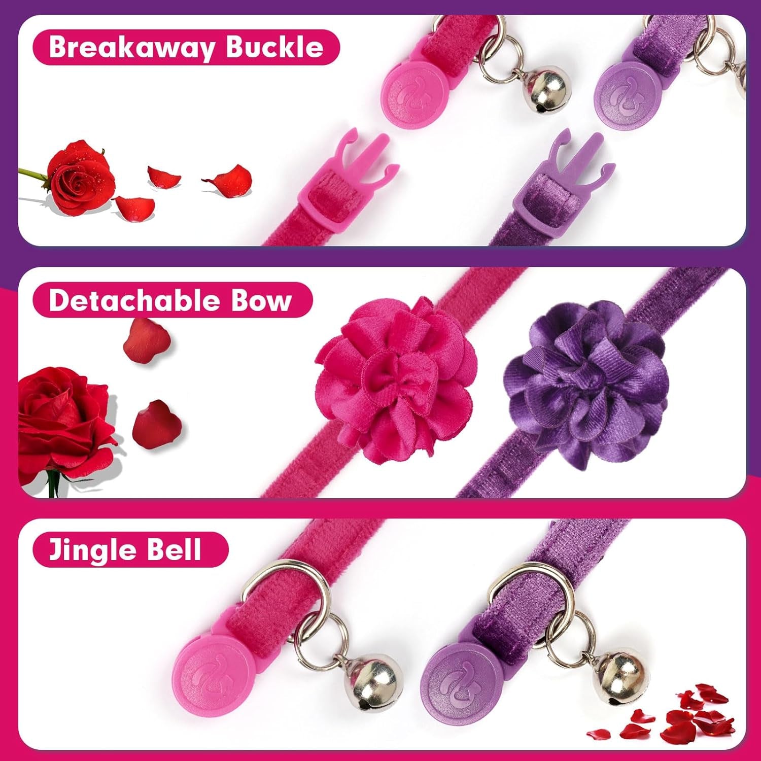 2 Pack Cat Collar Floral with Bell and Removable Flower Bowtie Breakaway Adjustable Velvet Fabric Cat Collar for Pets and Daily Decoration，Hot Pink & Purple
