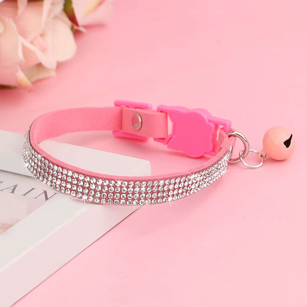 Soft Pink Suede Leather Cat Collar - Cute Bling Rhinestone Design, with Bell & Safety Breakaway Buckle, Adjustable XS/S Sizes