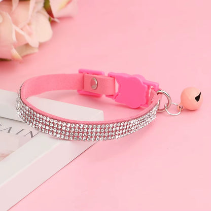 Soft Pink Suede Leather Cat Collar - Cute Bling Rhinestone Design, with Bell & Safety Breakaway Buckle, Adjustable XS/S Sizes