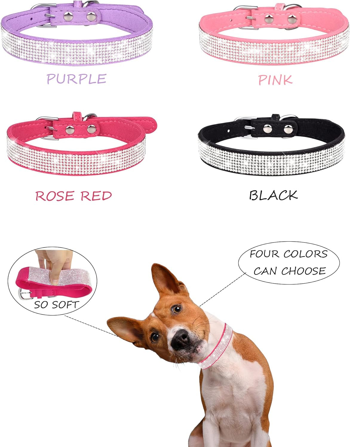 Dog Collar for Small Dogs, Adjustable Leather Suede Bling Dog Collars，Pink Dog Collar Cat Collar, Rhinestone Dog Collar(S, Pink)