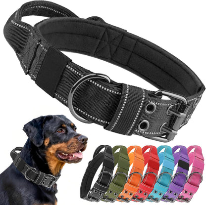 Tactical Dog Collar with Control Handle, Military Adjustable Pet Collar Reflective Heavy Metal Buckle Dog Collar, Soft Nylon Training Collar for Medium Large Dogs (Blue, Large)
