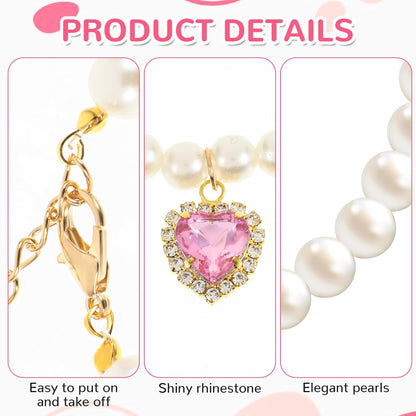 2Pcs Cute Girl Cat Collar, Fancy Dog Pearl Necklace Collars Adjustable Pearl Dog Cats Collars with Small Heart Shape Rhinestone for Small Dogs and Cats, Pink Heart + White Heart