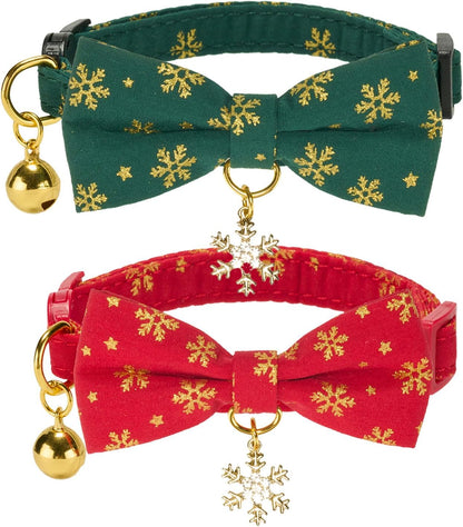 2 Pack Soft Corduroy Cat Collars with Bow Tie & Bell, Adjustable Breakaway Cotton Kitty Bowtie Collar for Girl Boy Kitten (Orange & Green)