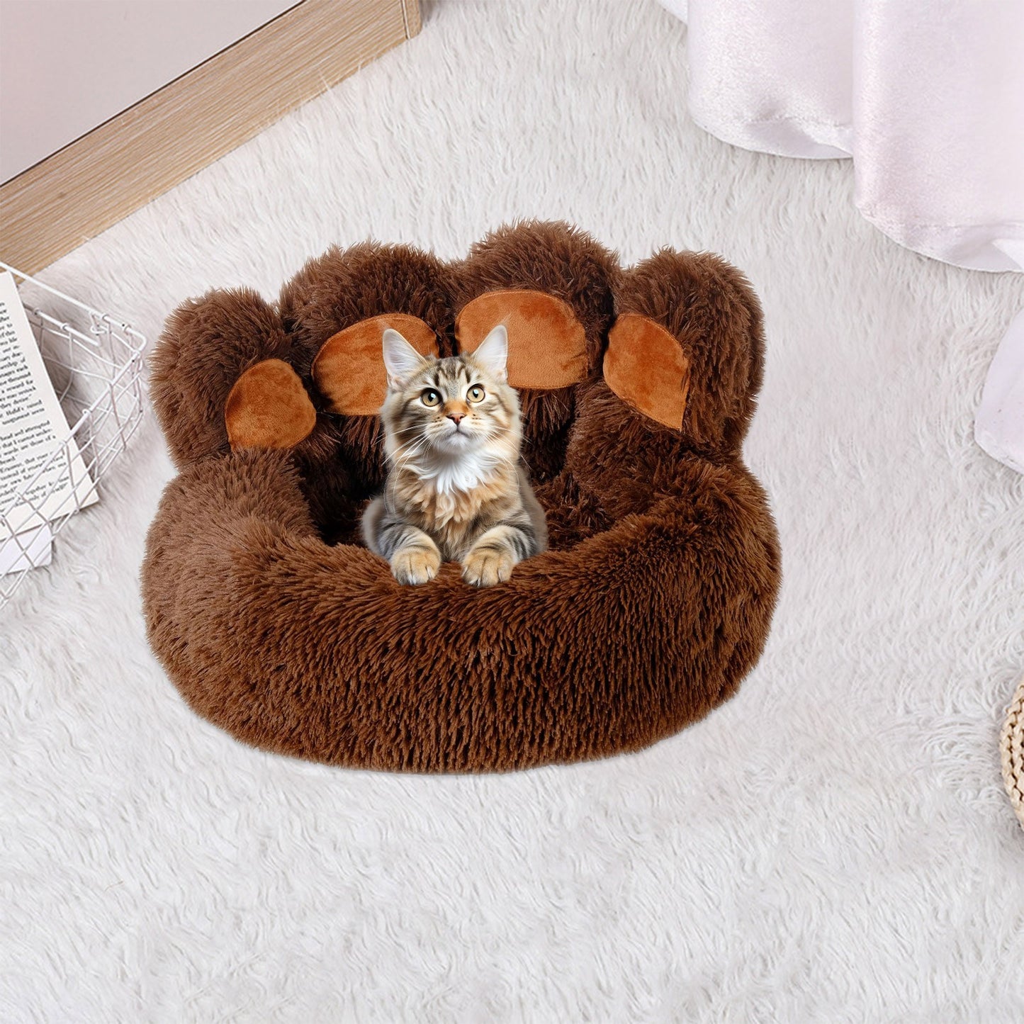 Paw Shape Calming Pet Bed, Plush Faux Fur Donut Bed for Dogs & Cats, Machine Washable, Non-Slip Bottom, Calming Cozy Comfy Small Dog and Cat Bed