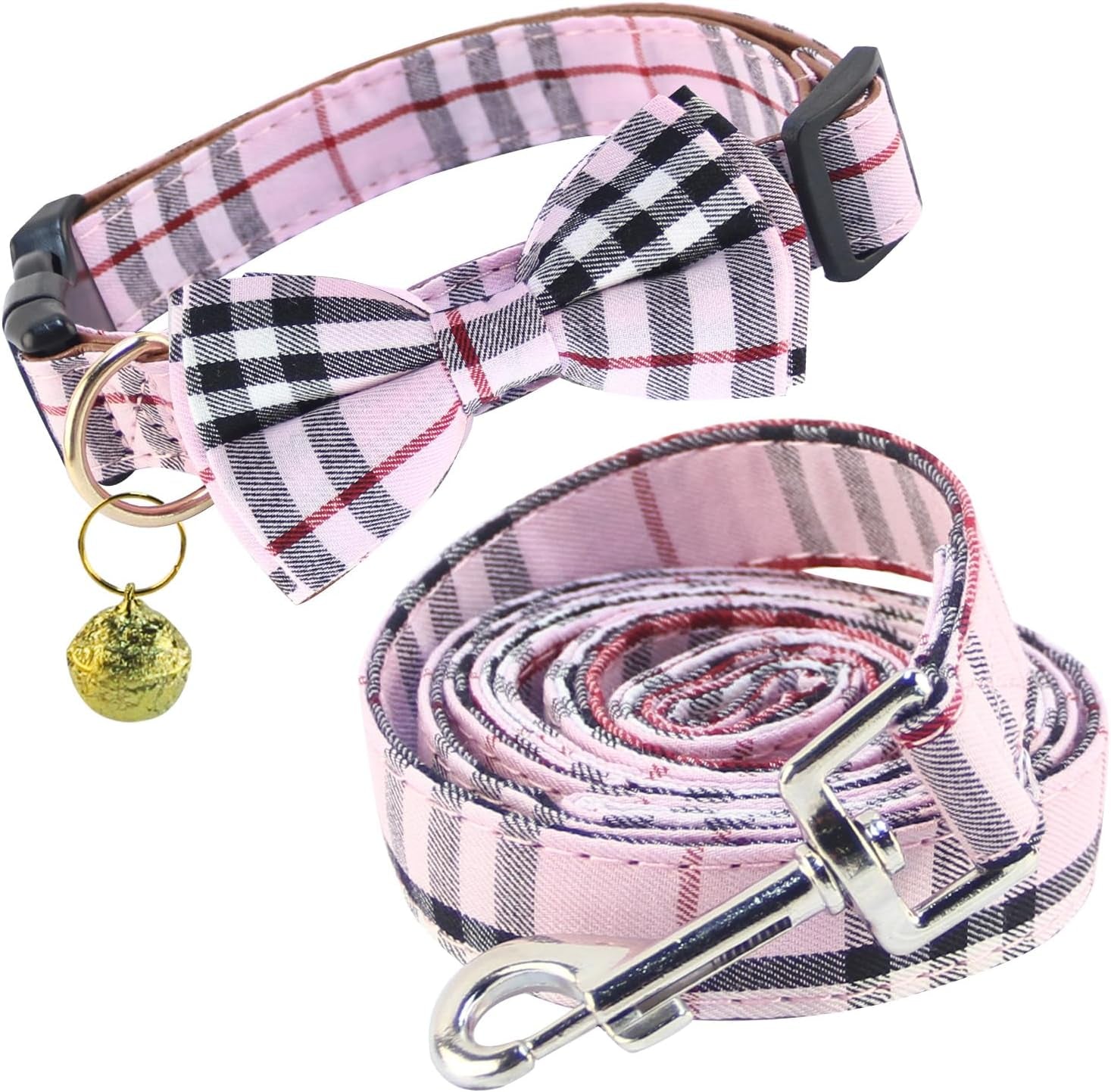 Dog Collar and Leash Set-Plaid Puppy Collar with Bow Tie - Adjustable Pet Collar for Dogs with Bell, Stylish Pattern for Small Medium or Large Boy and Girl Dog