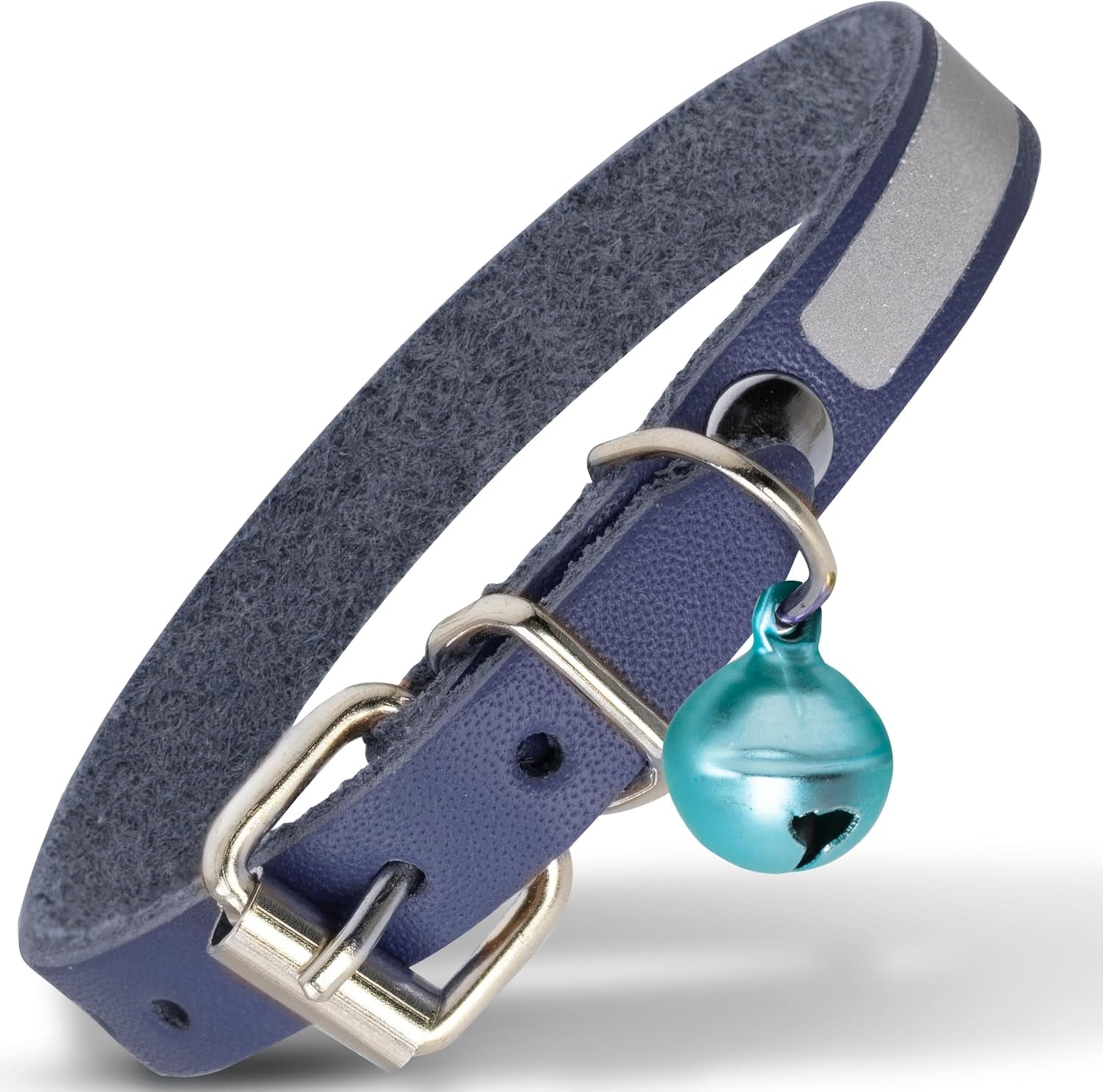 Leather Cat Collar, Reflective Cat Collar, Leather Accessories with Bell, Bird Warning, Suitable for Indoor and Outdoor, Non Breakaway, Durable, Stylish Design, Royal Blue