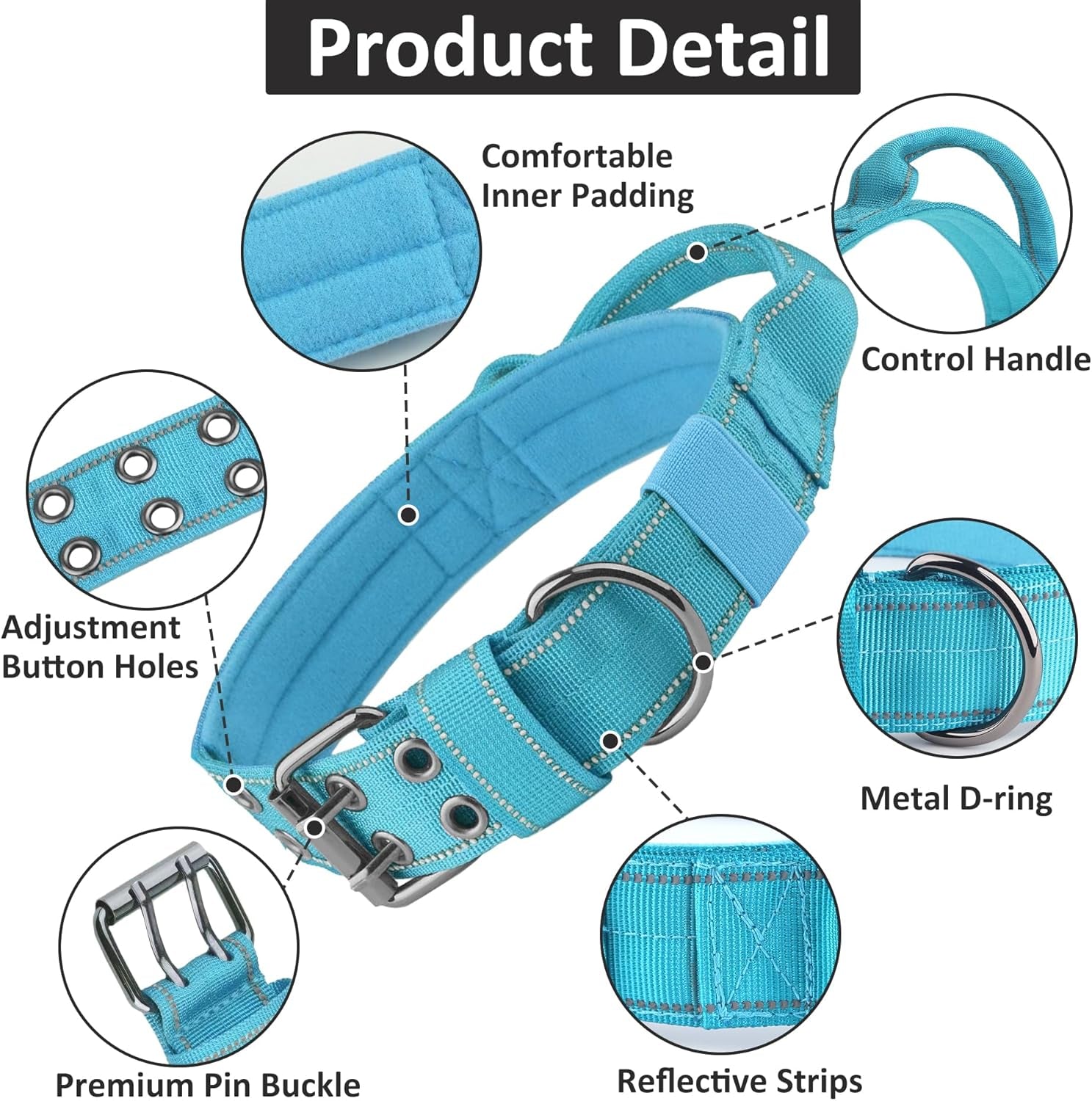 Tactical Dog Collar with Control Handle, Military Adjustable Pet Collar Reflective Heavy Metal Buckle Dog Collar, Soft Nylon Training Collar for Medium Large Dogs (Blue, Large)