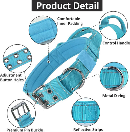 Tactical Dog Collar with Control Handle, Military Adjustable Pet Collar Reflective Heavy Metal Buckle Dog Collar, Soft Nylon Training Collar for Medium Large Dogs (Blue, Large)