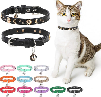 Leather Cat Collars for Boy Girl Cats with Bell and Safety Elastic Belt, Personalized Star and Moon Stud Adjustable Safe Buckle Collar for Kitty Small Big Cats Size 7-9 Inch, Black