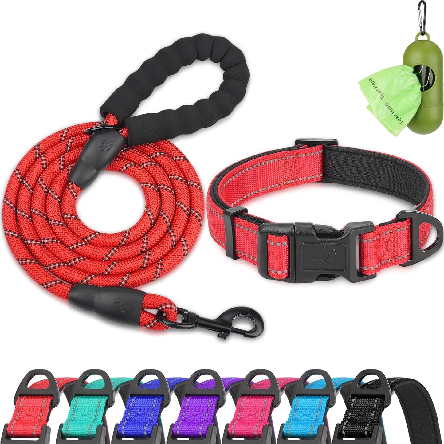 Reflective Dog Collar and Leash Set, 6FT Strong Climbing Rope Leash with Padded Handle, Adjustable Pet Collar with Soft Neoprene Padding for Large Dogs, Teal, L