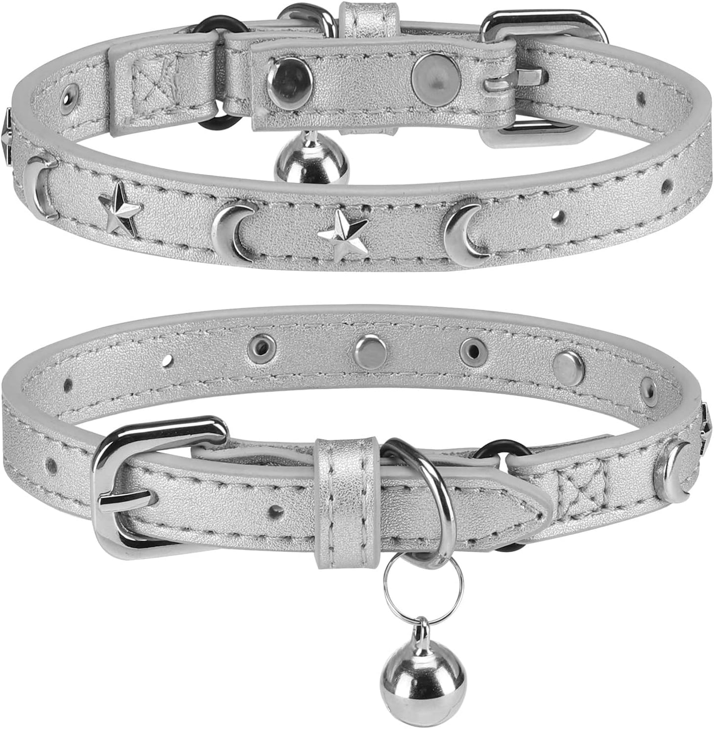 Leather Cat Collars for Boy Girl Cats with Bell and Safety Elastic Belt, Personalized Star and Moon Stud Adjustable Safe Buckle Collar for Kitty Small Big Cats Size 7-9 Inch, Black