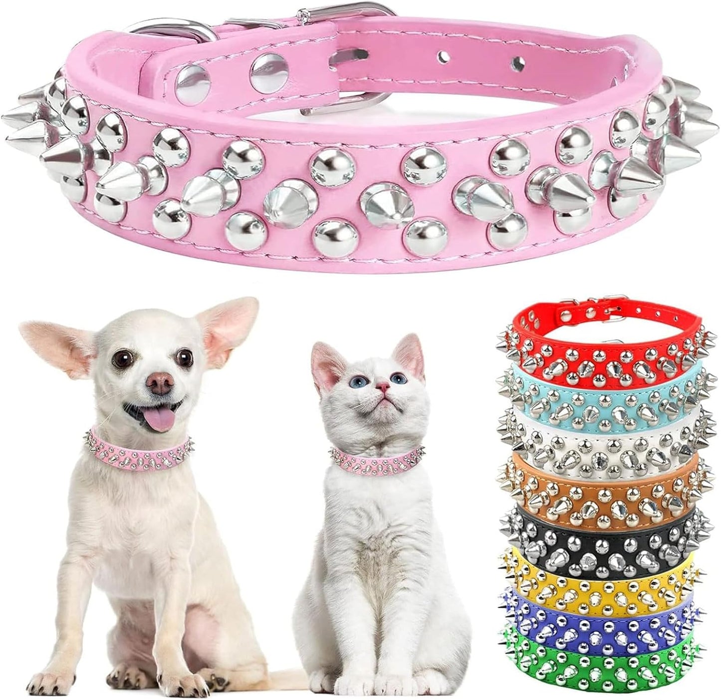 Small Pink Spiked Dog Cat Collar for Small Medium Dogs Girl Female - Adjustable Studded Puppy Collars - Soft Padded Punk Leather Dog Collar for Chihuahua French Bulldog Pug (Pink,L)