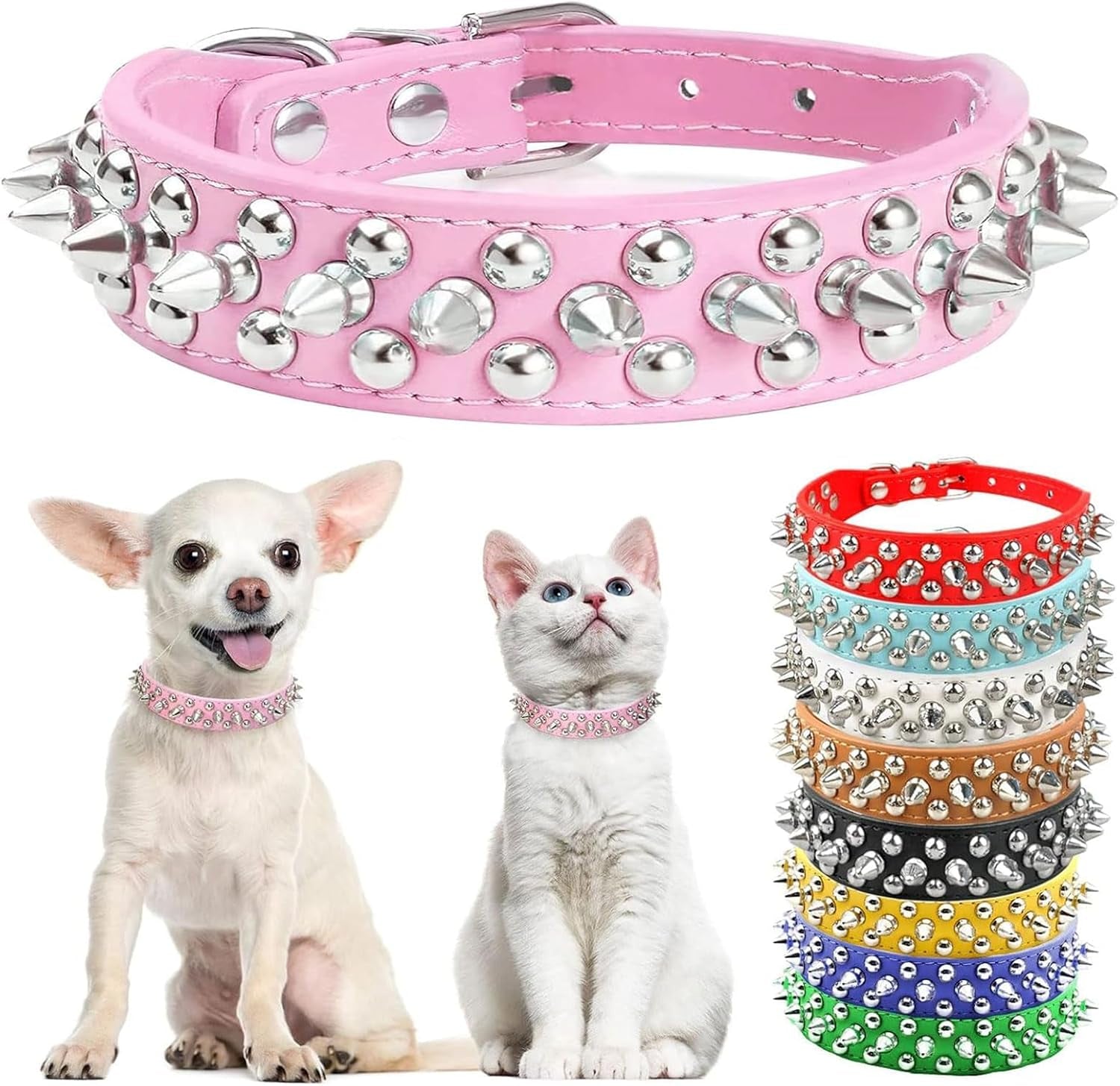 Small Pink Spiked Dog Cat Collar for Small Medium Dogs Girl Female - Adjustable Studded Puppy Collars - Soft Padded Punk Leather Dog Collar for Chihuahua French Bulldog Pug (Pink,L)